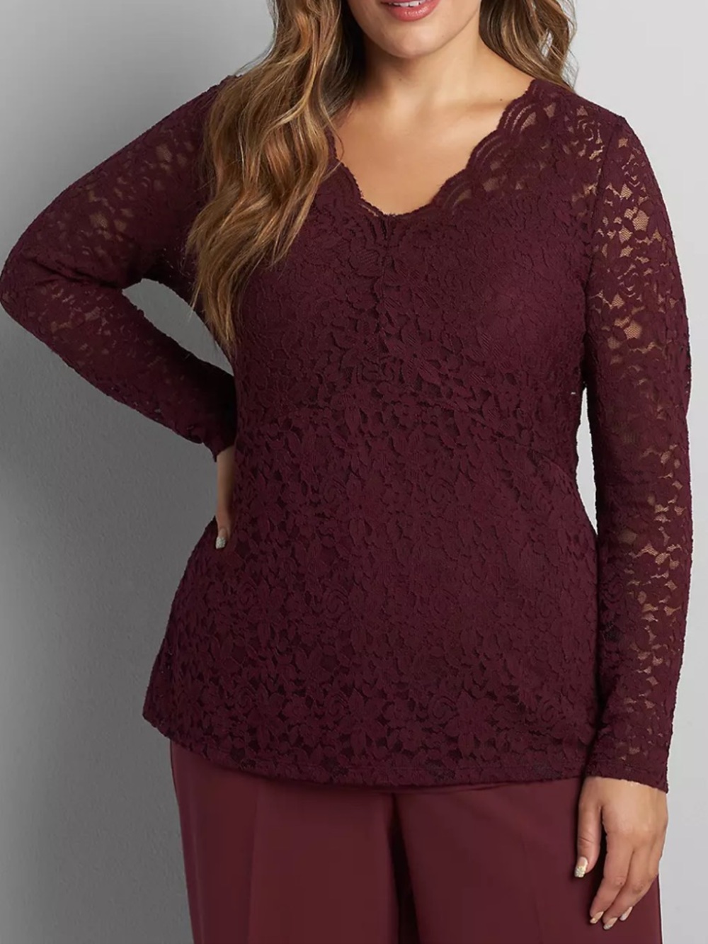 Lane Bryant Burgundy Sheer Lace Popover Top Size 14-16 NWT V-Neck Long Sleeve
